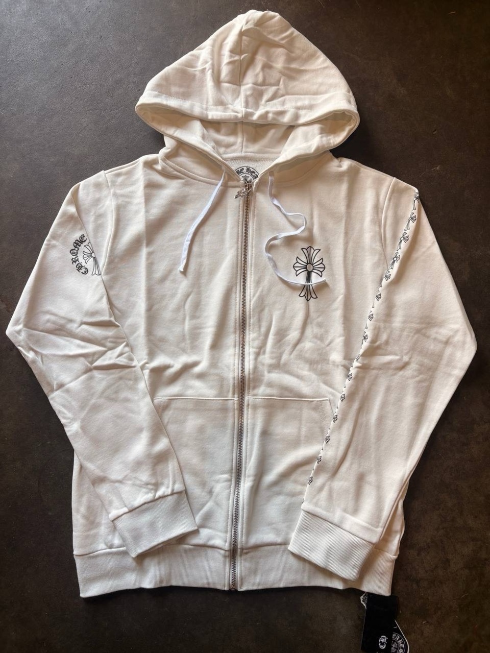 Chrome Hearts White Zip-Up Hoodie with Black Cross Graphics